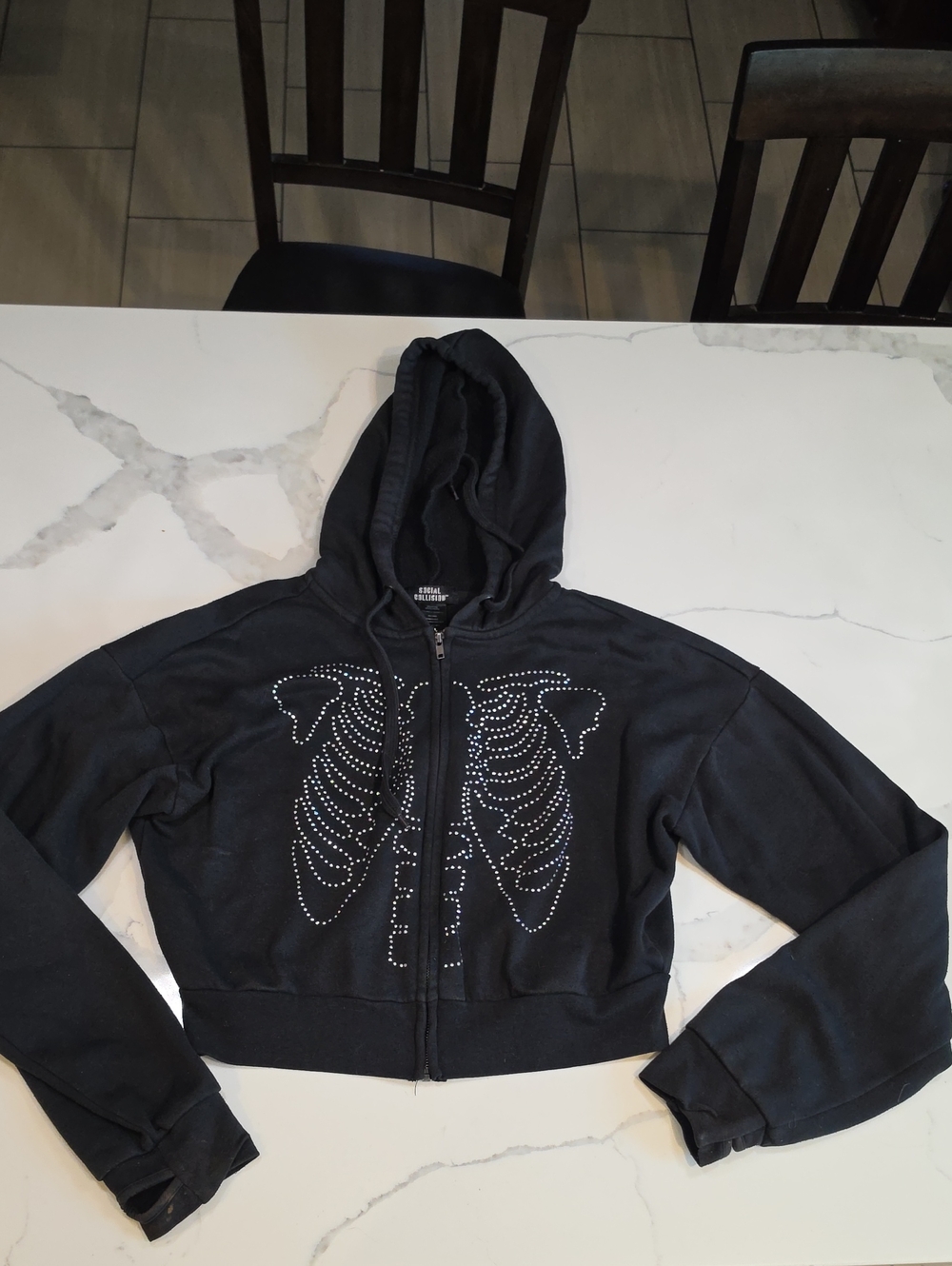 Black Rhinestone Ribcage Zip-Up Hoodie